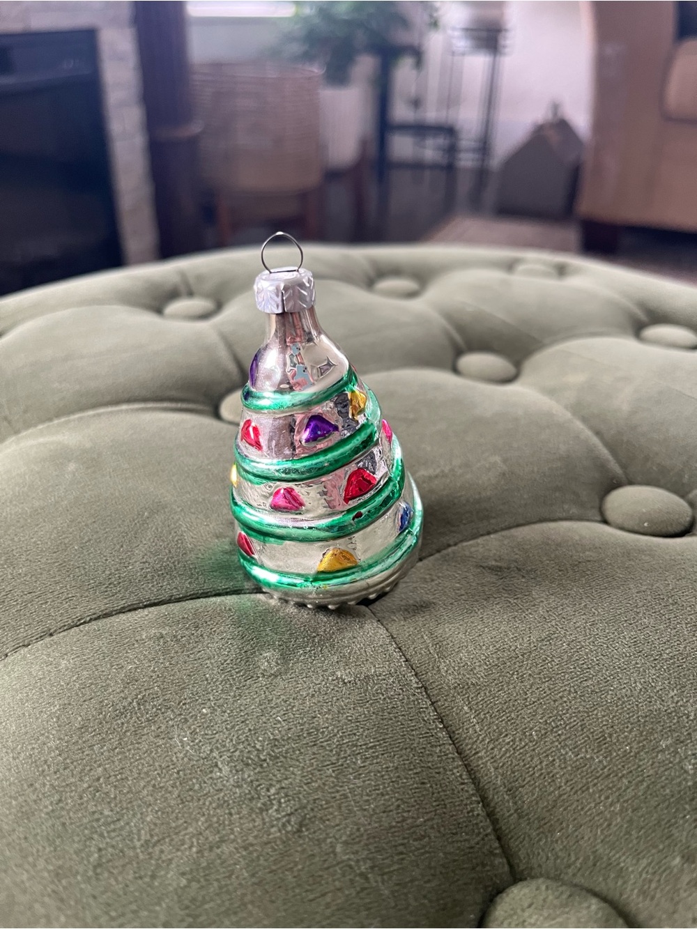 Vintage Silver Glass Christmas Tree Ornament with Green Trim